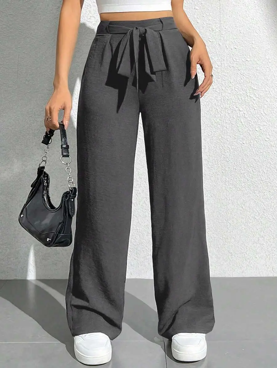 Petite Women's Trousers - High Waist Straight Leg with Pockets and Belted Detail for Work and Errands
