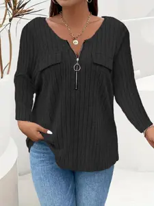 Women's Ribbed Texture One-Piece Lightweight Knitwear Top, Womenswear Plus Size V Neck Zipper Loose Long Sleeve Waist Tie Shirt, Casual Fall Winter Clothing, Fashion Knitwear