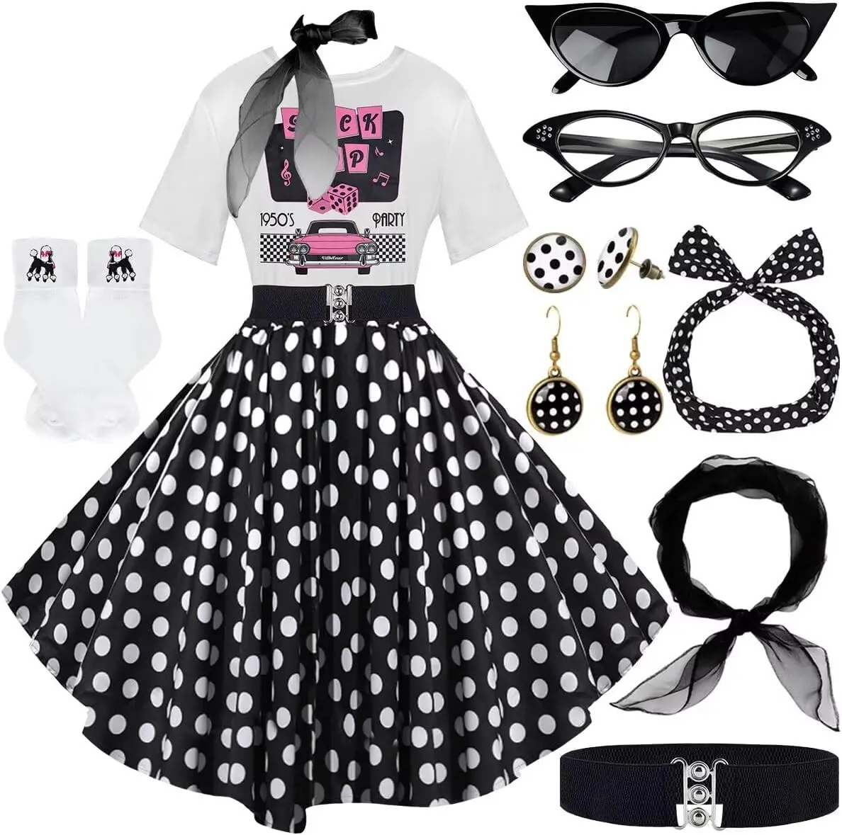 10Pcs Sock Hop Outfits Women, 1950s Poodle Skirts, T-Shirt with 50s Accessories Socks Scarf Headband Belt Earring