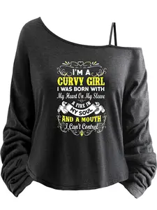 Plus Size Women's Loose-Fit Long Sleeve Cami Top, Asymmetrical Neckline, Letter Print, All Seasons, Sizes 1-8xl