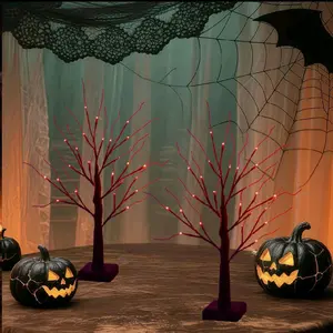 2 Pack Halloween Tree Lights, 24 Inch Orange and Purple Lights Decoration, 48 LED Lights with 18 Baubles, Battery Operated, Desktop Artificial Black Scary Tree Halloween Decoration for Indoor Home, Haunted House Decoration