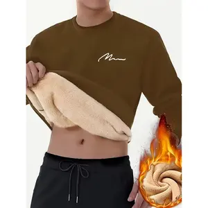 Men's letter printed plush hoodie, warm and thick round neck long sleeved top, suitable for winter and autumn
