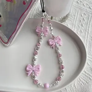 Cute Bowknot Design Beaded Phone Chain, Fashionable Phone Lanyard for Women & Girls, Phone Decoration Accessories for iPhone, Phone Sling, Phone Charm