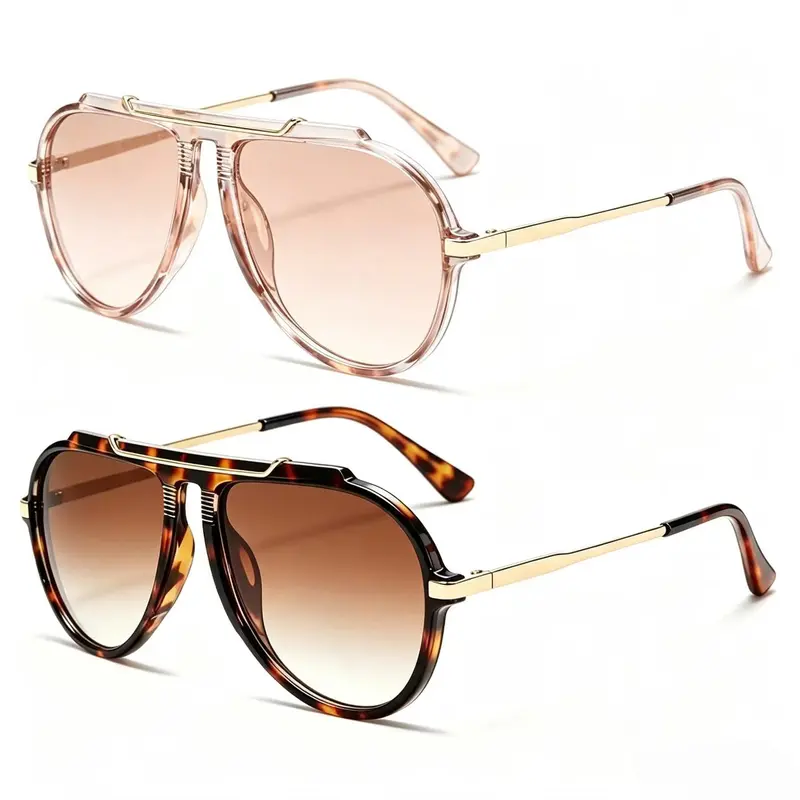 2pcs Tortoise Frame - Gradient Brown Lens Transparent Frame - Champagne Lenses