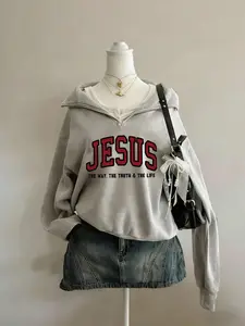 "JESUS" Aesthetic Half Zip Oversized Long Sleeve Sweatshirt, Y2K Christian Graphic Hoodie, Cozy Fleece Drop Shoulder Pullover, Vintage Washed Finish, Perfect for Daily & Streetwear, Religious Print Top, Soft Comfy Fabric, Aesthetic Wardrobe, Womenswear