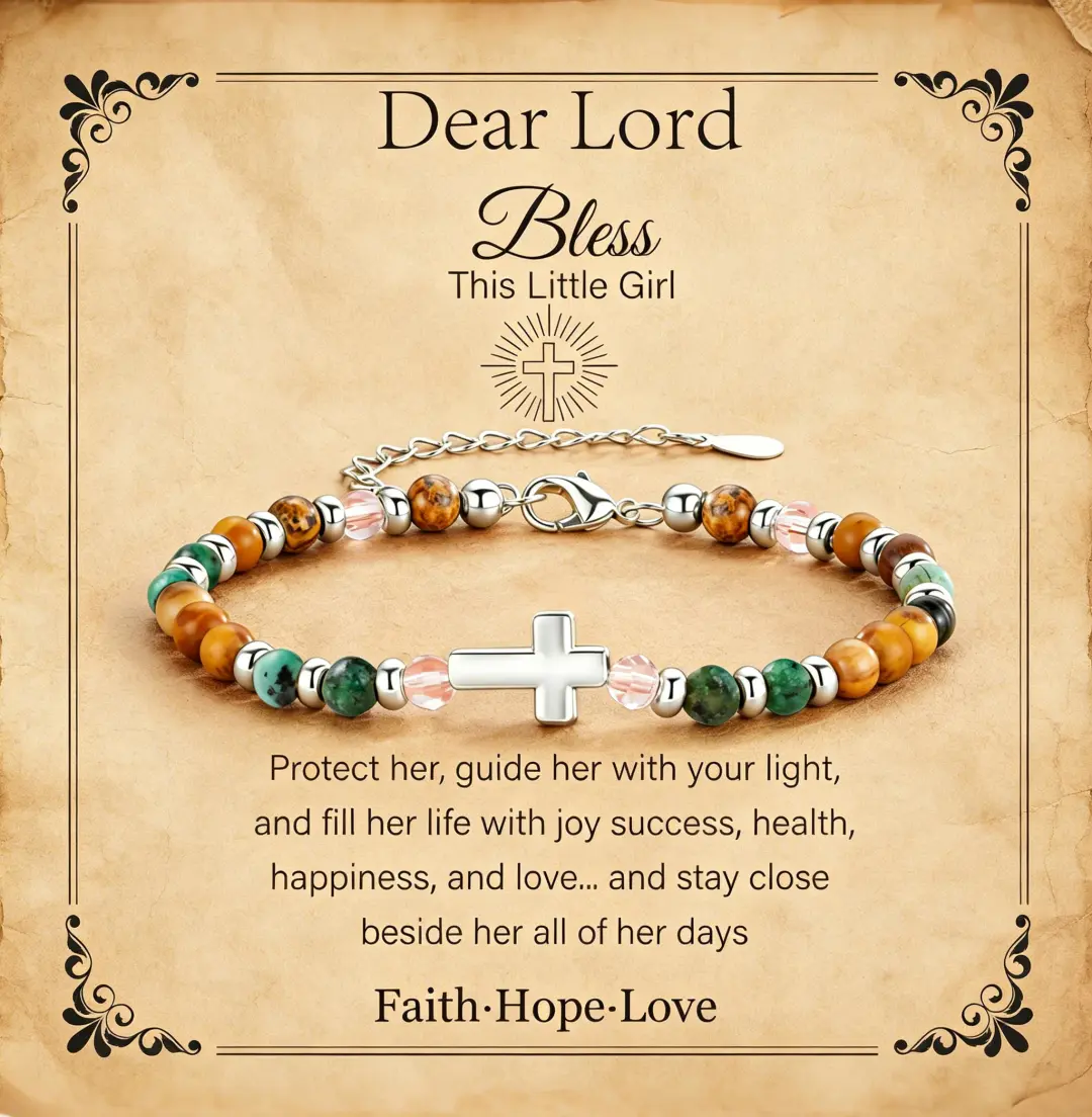 Dear Lord Bless This Little Girl Bracelet, Girls Cross Bracelet with Natural Stone Beads, Faith Hope Love Gift Card, Baptism Christening Gift for Kids
