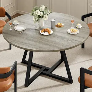 IRONCK 51" Round Dining Table for 6, Wood Kitchen Table with Metal Base, Space Saving Industrial Circle Dinner Table for Kitchen Dining Room