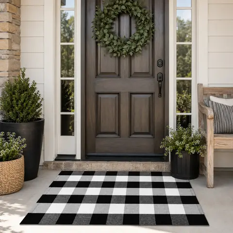 Black and Tan Plaid Woven Entryway Doormat - Rustic Classic Checkered Household Item, Indoor-Outdoor Farmhouse Decor for Front Door Porch, Kitchen Runner