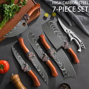 High Carbon Steel 7-Piece Kitchen Knife Set with Wooden Handles and Damask Patterns for Professional Chefs