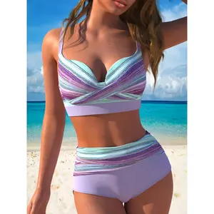 Pastel Gradient High Waisted Bikini Set - Tummy Control, Push Up Crisscross Top, Quick Dry Fabric  Cute Striped 2 Piece Swimsuit for Beach, Pool Parties & Summer Vacation |     Trendy Bathing Suit with Adjustable Straps & Removable Pads for All Body Types