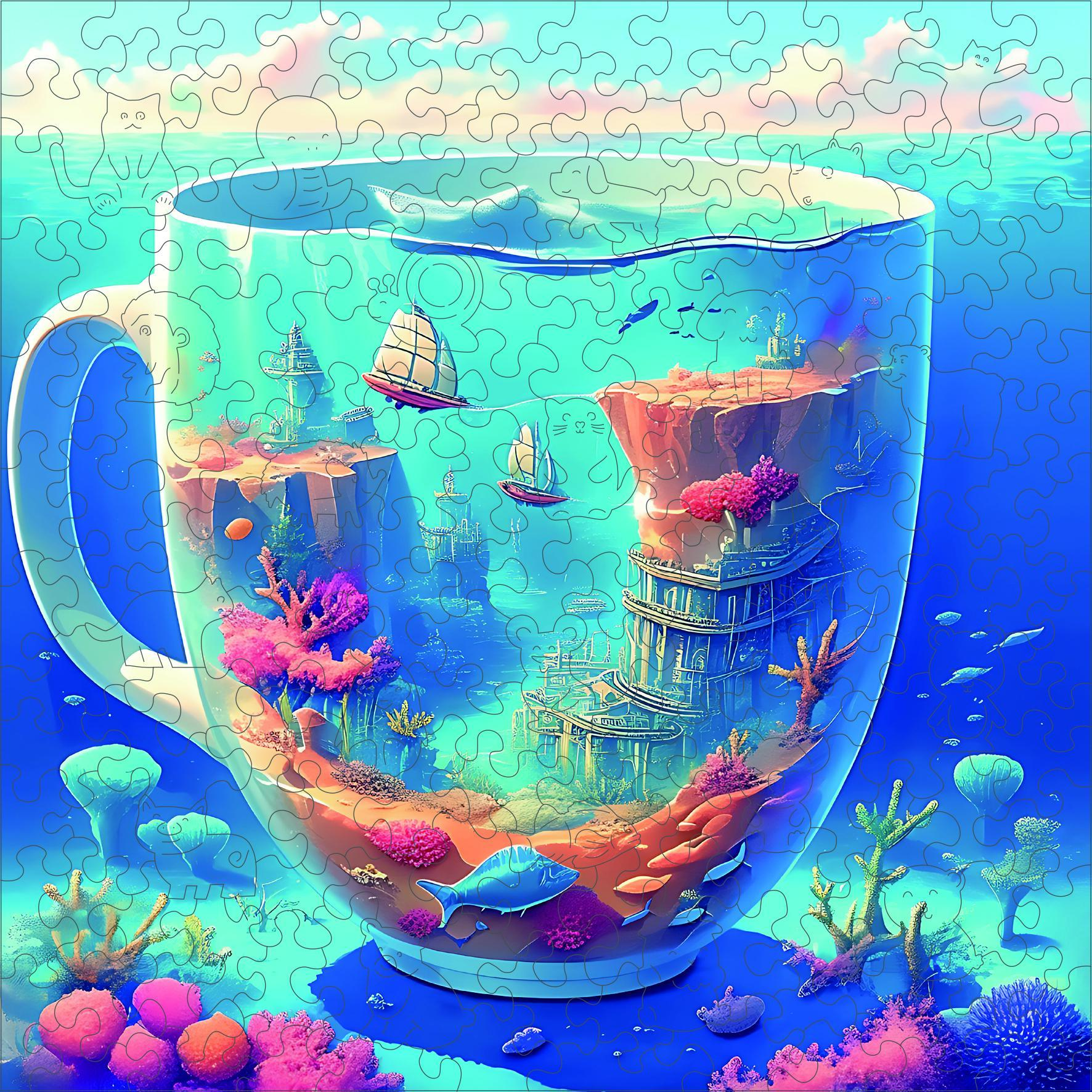 Underwater World in Cup Shape Wooden Puzzle, Octopus Jigsaw Puzzles, Creative Jigsaw Puzzle, Unique Wooden Jigsaw Puzzle for Modern Home Decor