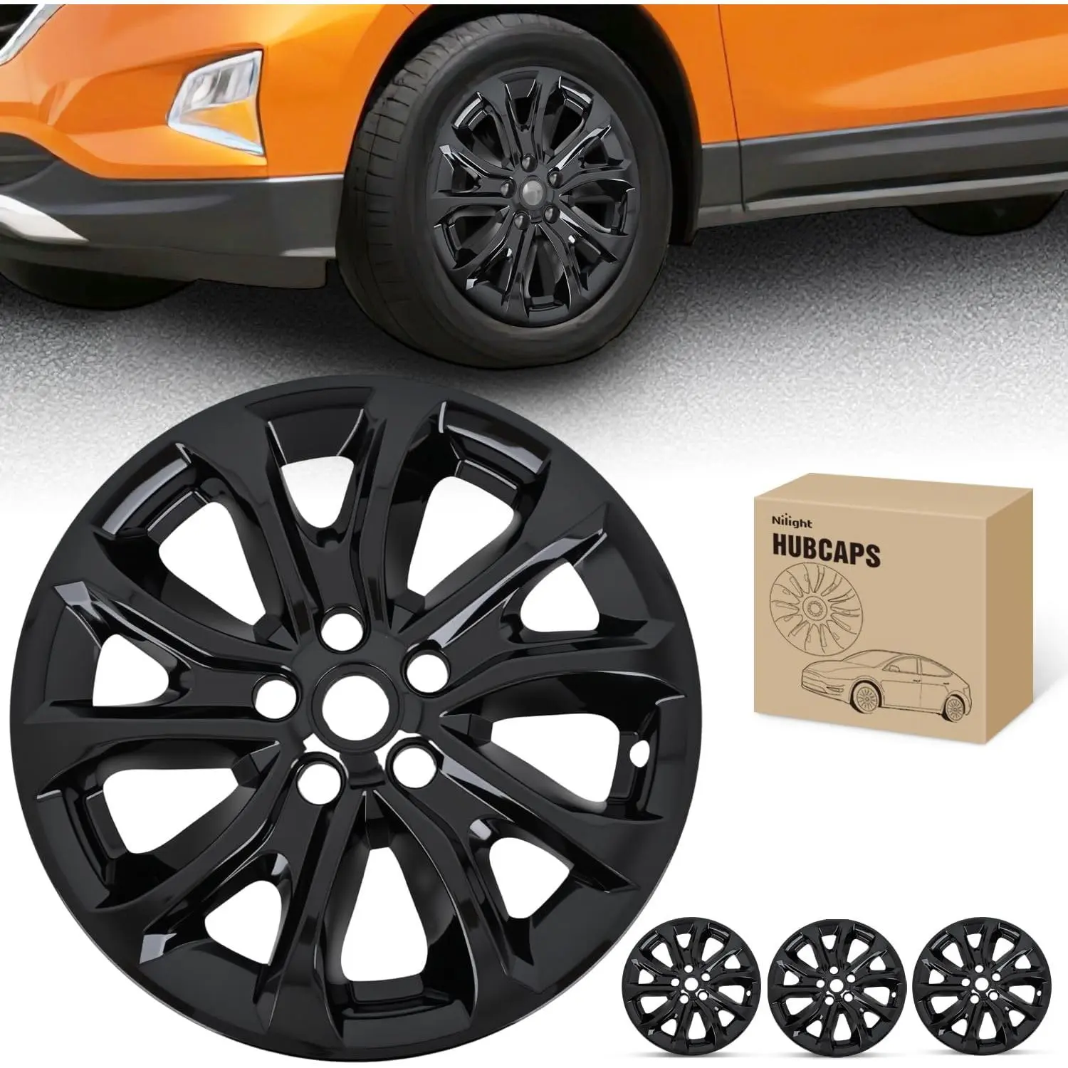 Nilight 17-Inch Black 10-Spoke Wheel Cover Hubcaps Set of 4, ABS PC Car Accessories, Compatible with Chevy Chevrolet Equinox 2018-2021, Rim Protector & Replacement (Part 84450624)