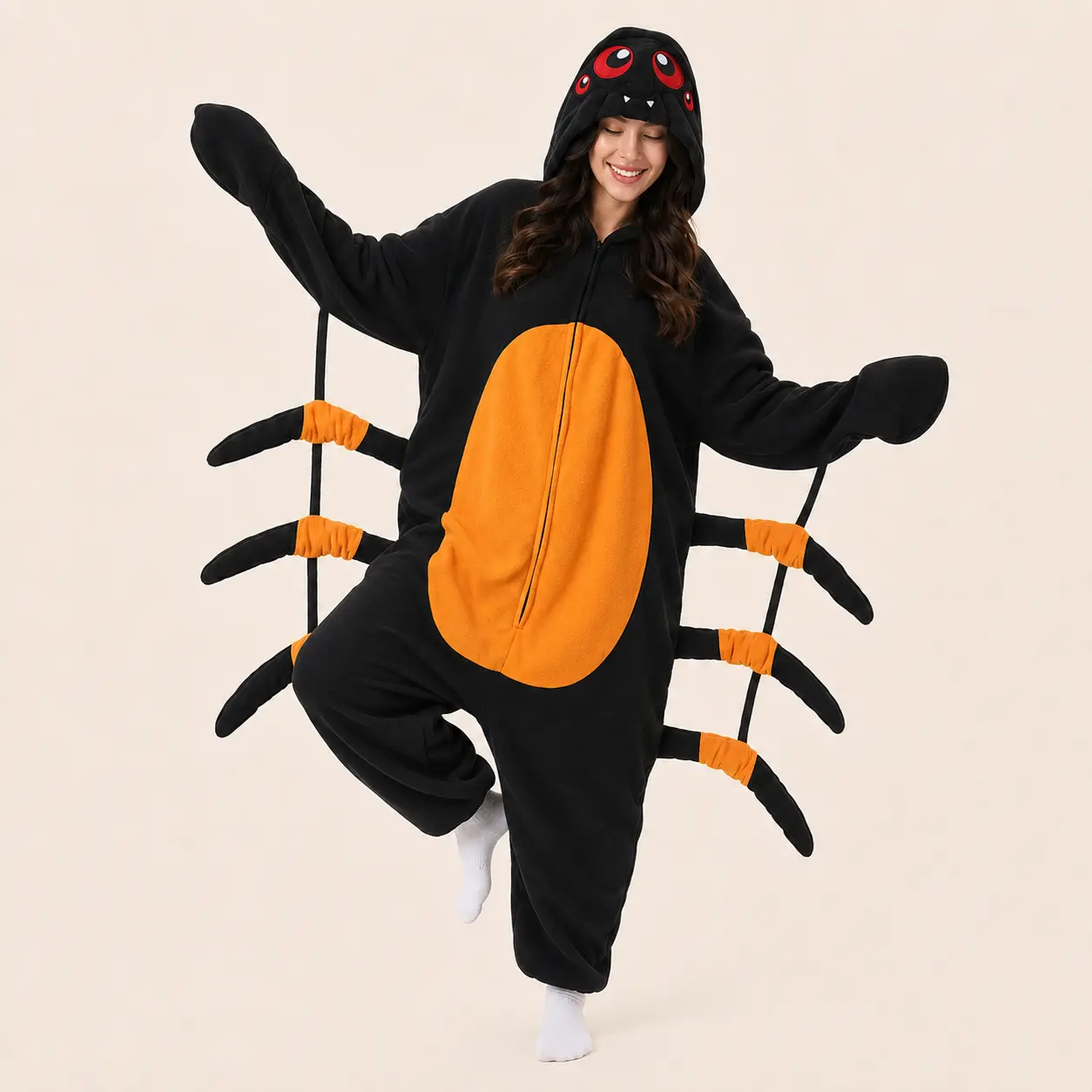 Soft Fleece Black & Orange Spider Kigurumi Onesie, Adult Sleepwear & Loungewear Hoodie Bag