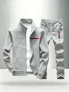 Men's new casual sports set, including a comfortable zipper jacket and loose fitting pants, adorned with the word "Paris" and fashionable red and black stripes, is perfect for occasions such as Halloween, Christmas, Thanksgiving, etc.