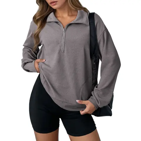 Dokotoo Womens Sweatshirt Waffle Knit Long Sleeve Lapel Half Zip Casual Sweatshits Loose Pullover Tops