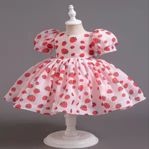 1pc Girls' Cute Strawberry Print Midi Dress with Puff Sleeves and Tie-Back Detail, Polyester 100% Round Neck Princess Dress for Spring/Summer/Autumn, Big Skirt, Fruit Print