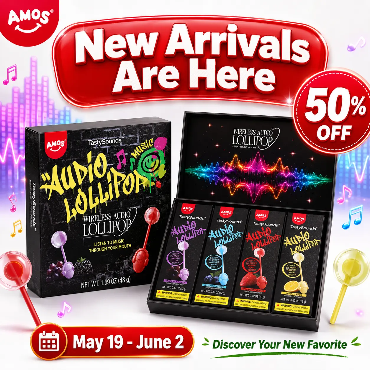 Amos TastySounds Audio Lollipops - Hip Hop Music Lollipop in Grape, Blueberry, Strawberry & Lemon - Sweet Snack Candy