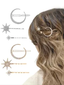 Elegant Metal Rhinestone Star Moon Hair Clips Set, 3pcs Women Wedding Ramadan Diamond Hairpins for Side Bangs, Fringe and Updo, Stylish Hair Accessories