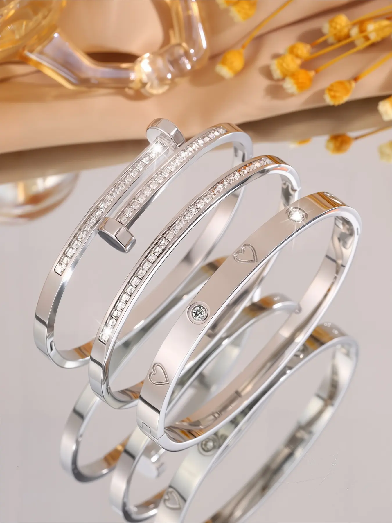 3pcs exquisite and fashionable stainless steel bracelet series, Bracelet Set, featuring geometric patterns and smooth lines, suitable for dating scenes, enhancing your romantic charm, and making it an excellent gift for your girlfriend on Valentine's Day
