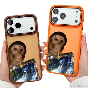 Cute Monkey Sipping Pattern Phone Case for iPhone 17 Pro Max 17Air 17e 16 Plus 16e 15 14 13 12 11 Color Blocking Button and Camera Frame Design Shockproof Skin Feel Shell