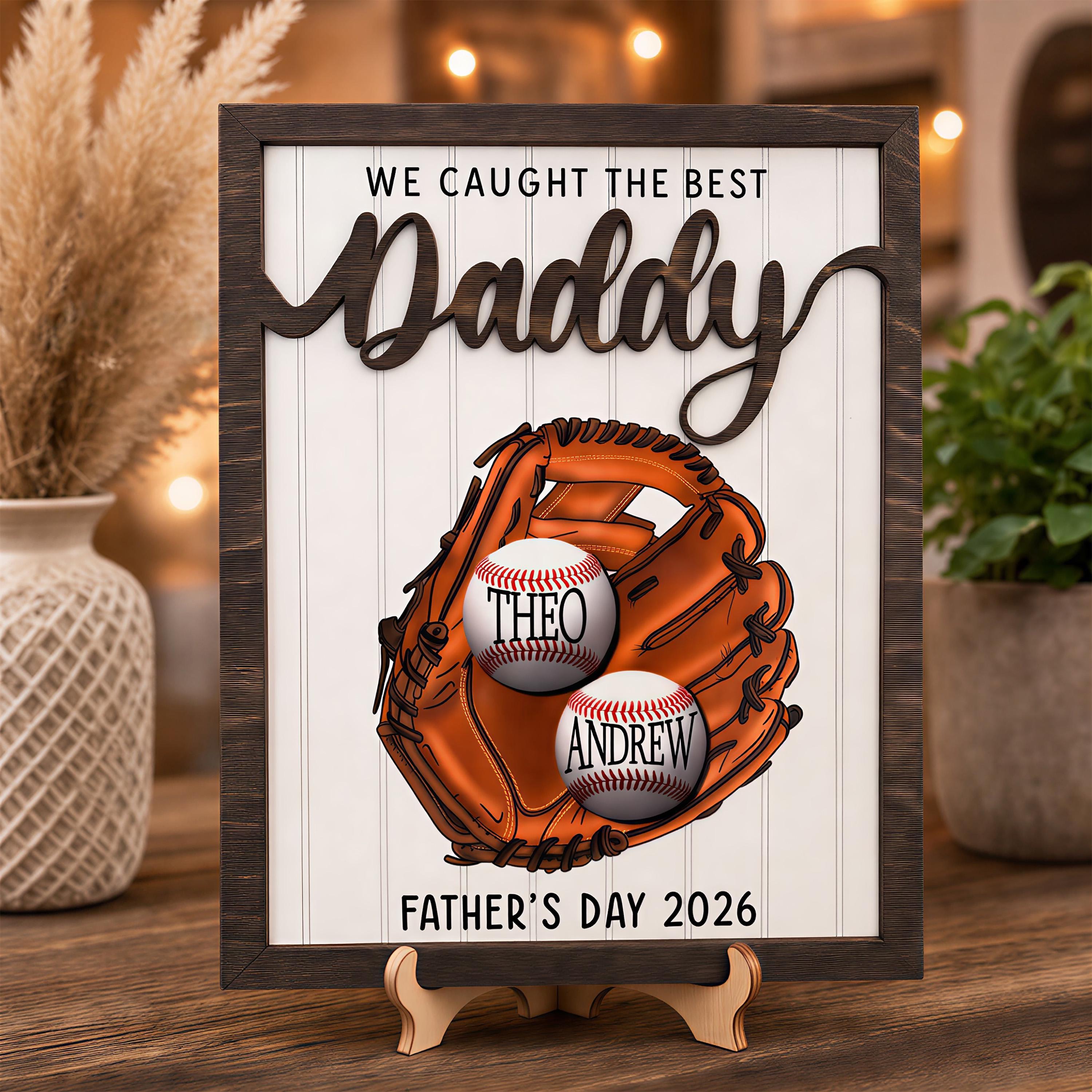 Father’s Day Baseball Plaque, Custom Wooden Frame Sign, Personalized Kids Names Baseball Decor, Gift For Dad From Children, Rustic Father’s Day Keepsake, Custom Family Home Decoration
