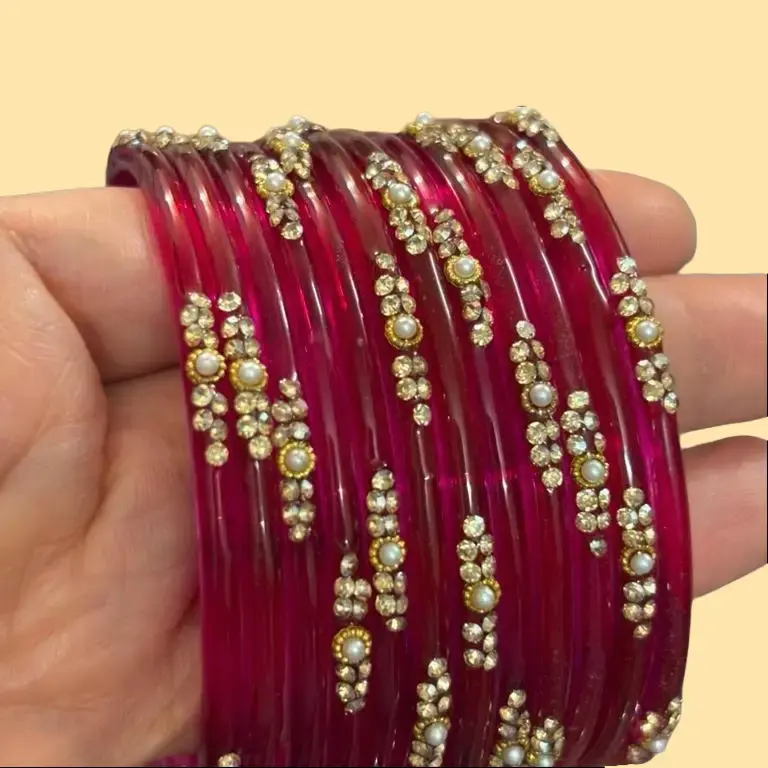 accessory Women's 12-Piece Stackable Rhinestone Glass Bracelet Set, Fashionable Eternal Heart Elegant Golden Tone Boho Style Bangle, Pearl-Accent Indian Pakistani Bridal Wedding Costume, Fashionable Bracelet Fall Elegance trendy fashion jewelry gift idea