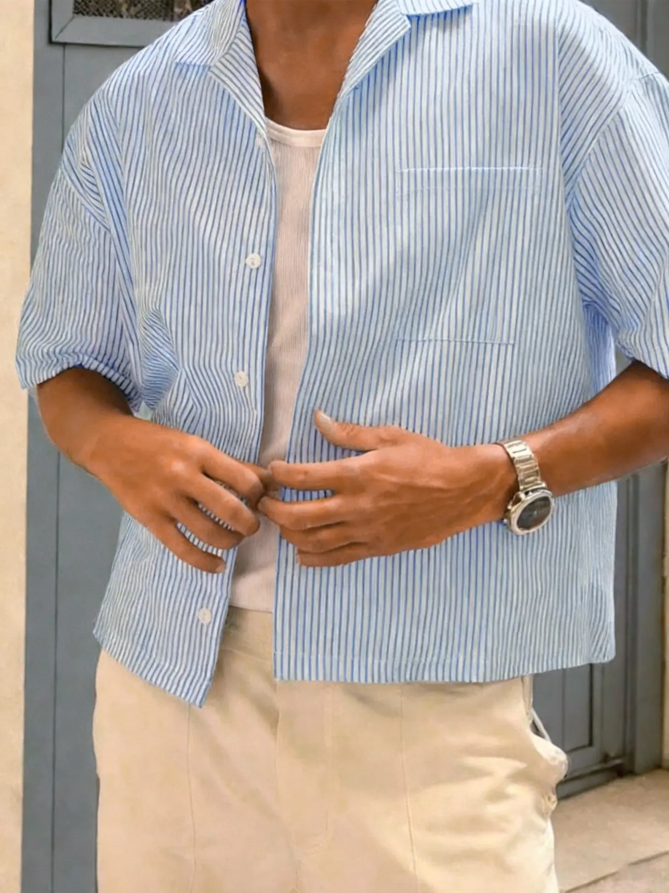 Men's Lightweight Fitted Short Casual Stylish Collared Shirt, Classic Breton Stripes and Button-Down Design, Soft Textured Resort Wear, Business Casual, Menswear, and Weekend Getaways, Casual Buttons Collared, Casual Striped Shirt