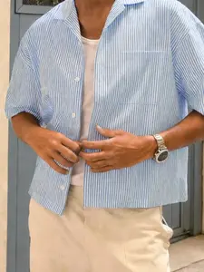 Men's Lightweight Fitted Short Casual Collared Shirt, Classic Breton Stripes and Button-Down Design, Soft Textured Resort Wear, Business Casual, and Weekend Getaways
