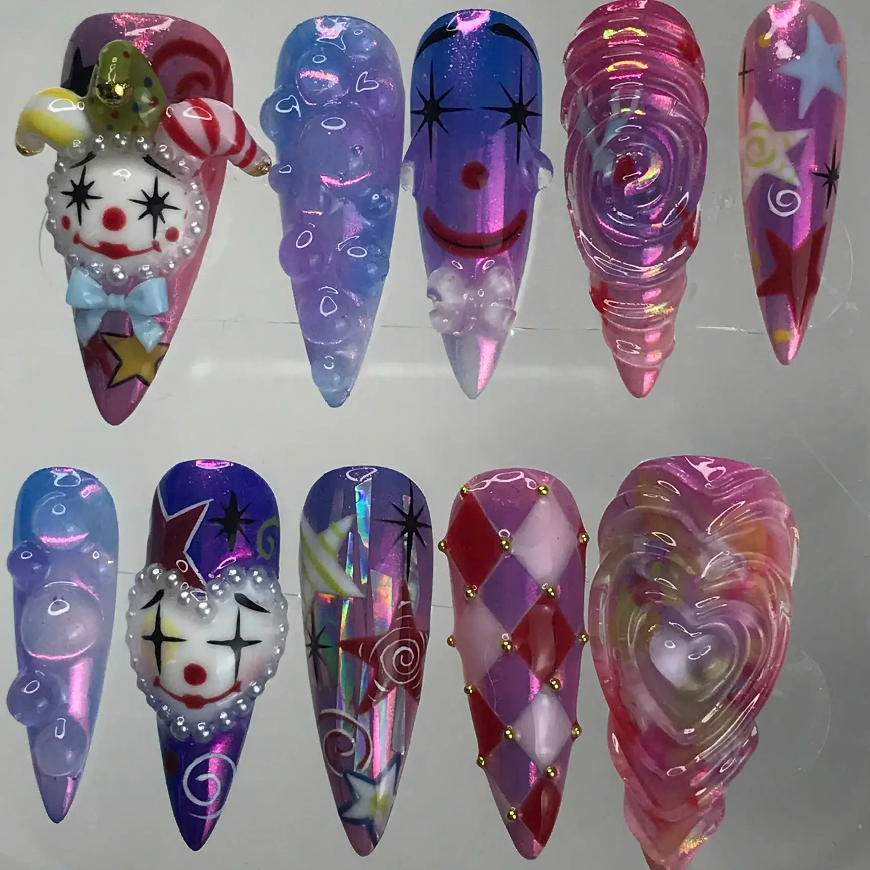S12 Katy Nails – Whimsical Clown Carnival Press-On Nails, 3D Stars & Heart Details, Purple Pink Galaxy Swirls, Handmade Festival Nail Art, Gift for Her