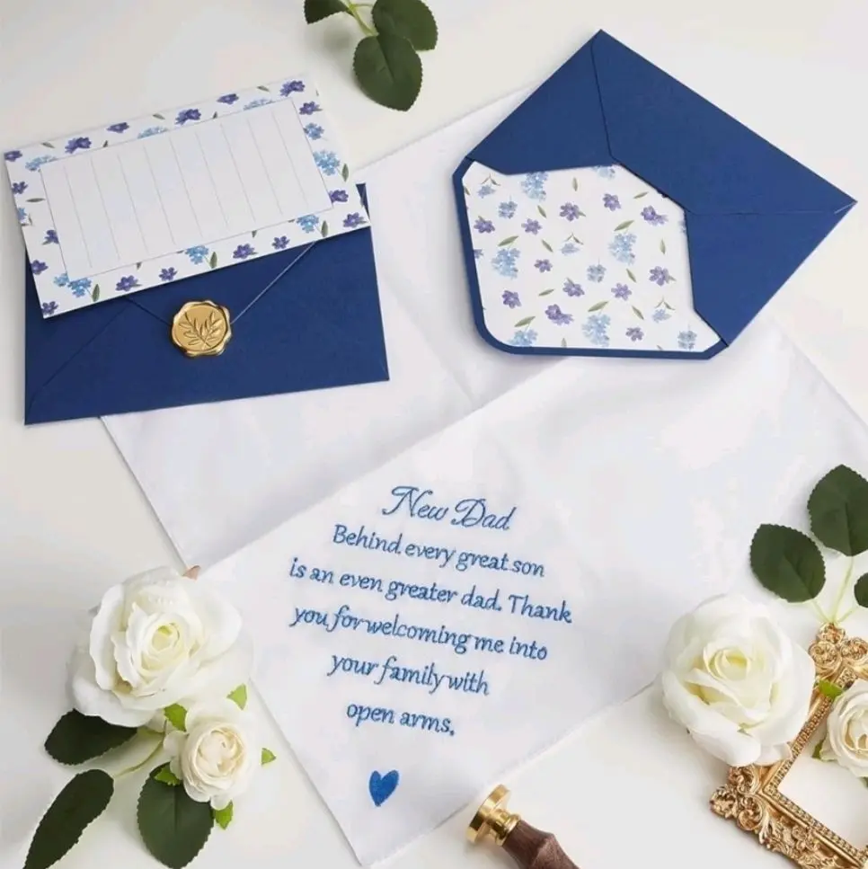 Embroidered Handkerchief for Father of the Groom, "New Dad", Card, Envelope & Seal