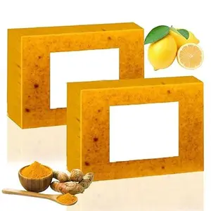 2PCS Lemon Turmeric Kojic Soap Bar,Turmeric Soap Bar for Face ＆ Body, Gentle Exfoliating, Turm-eric Handmade Soap for All Skin Types