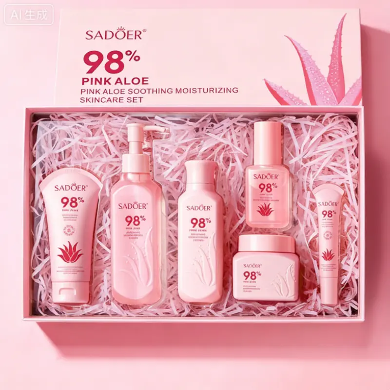 Pink Aloe Vera Hydrating Facial 6pcs Set Moisturizer, Summer Moisturizing Skin Care Kit, Hydrating Facial Cream