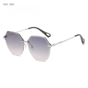 FHSY SHOP Rimless Geometric Sunglasses Purple Gradient Lens UV400 Protection Silver Metal Frame Lightweight Fashion Eyewear for Women Office Casual Driving Daily Wear Sun Glasses LED Light Blocking Stickers