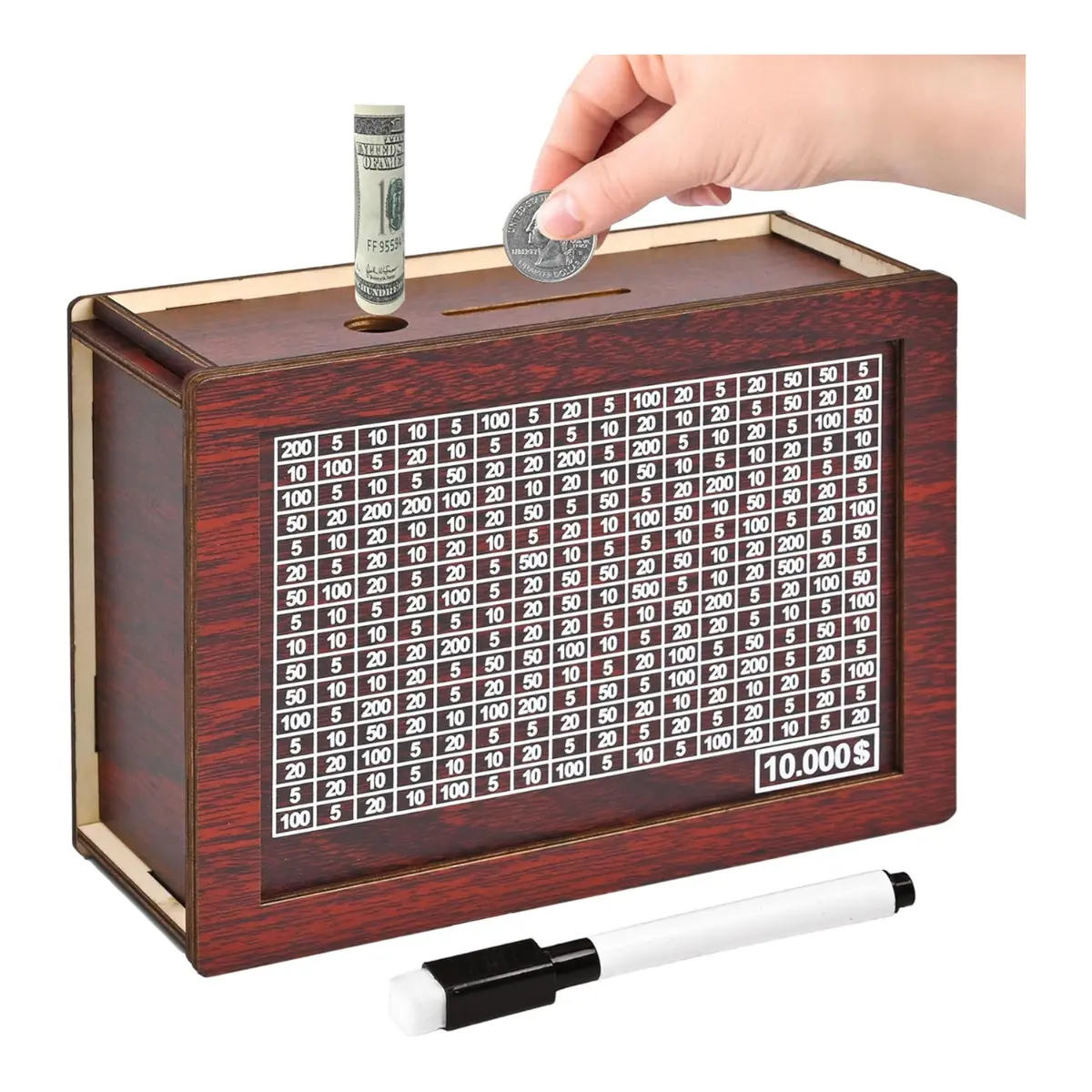 $10,000 Savings Challenge Box – Wooden Money Saving Bank