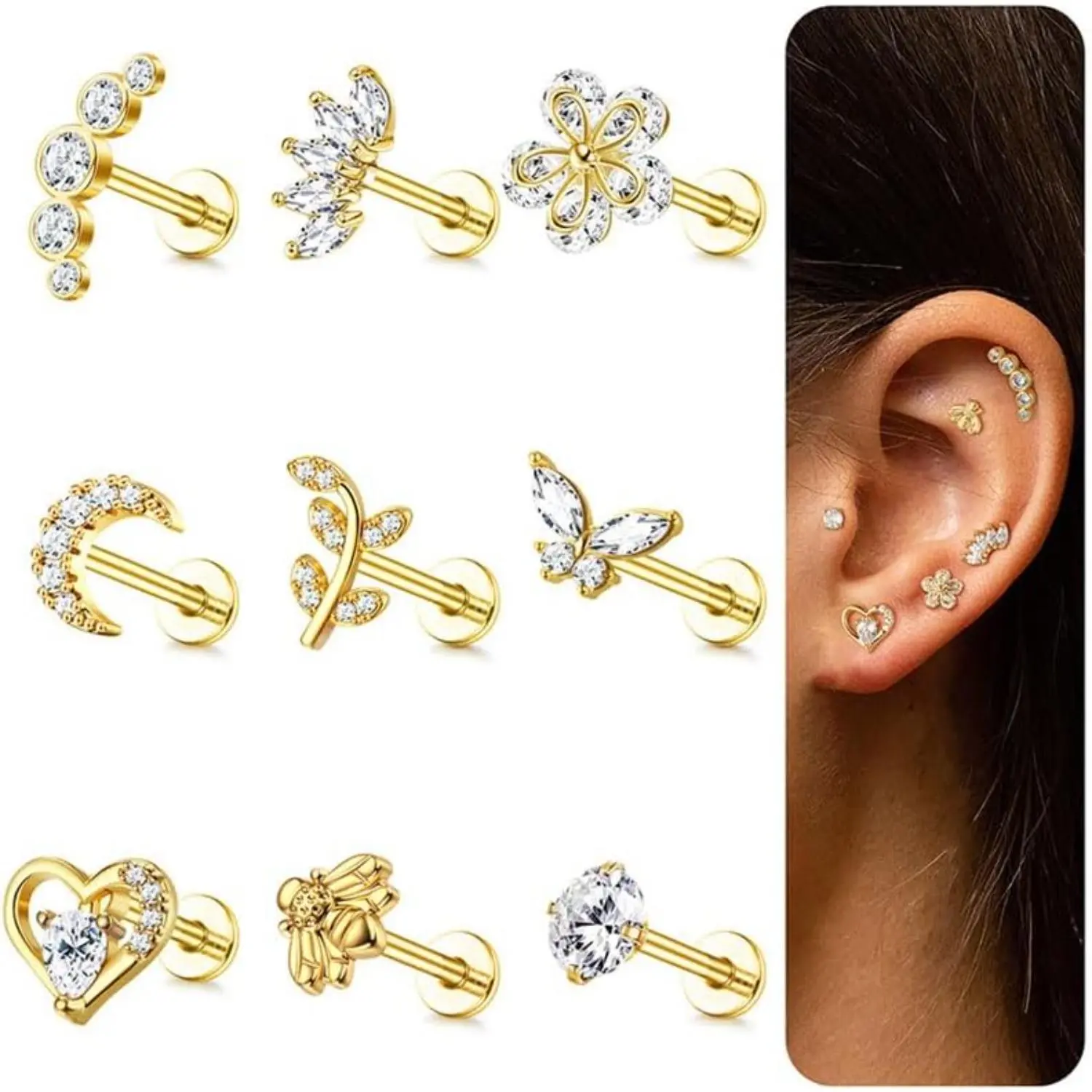 YADOCA 9pcs 16G 6mm Cubic Zirconia Beads Body Jewelry Set - Women's Butterfly/Moon Design Gold/Silver Helix Piercing Earrings for Tragus, Conch, Labret Piercings, Nose Piercing Stud, Vertical Helix Earrings, Flat Back Earrings