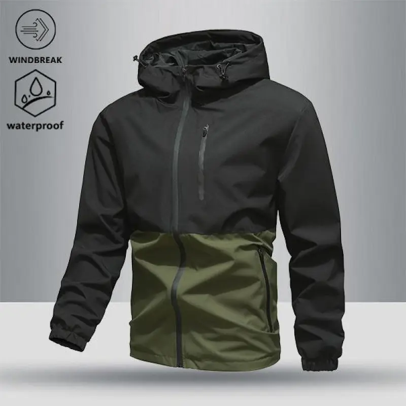 Men's Two-Tone Windproof Jacket - Waterproof, Hooded, Breathable, Lightweight, Ideal for Outdoor Adventures, Hiking, and Everyday Commutes