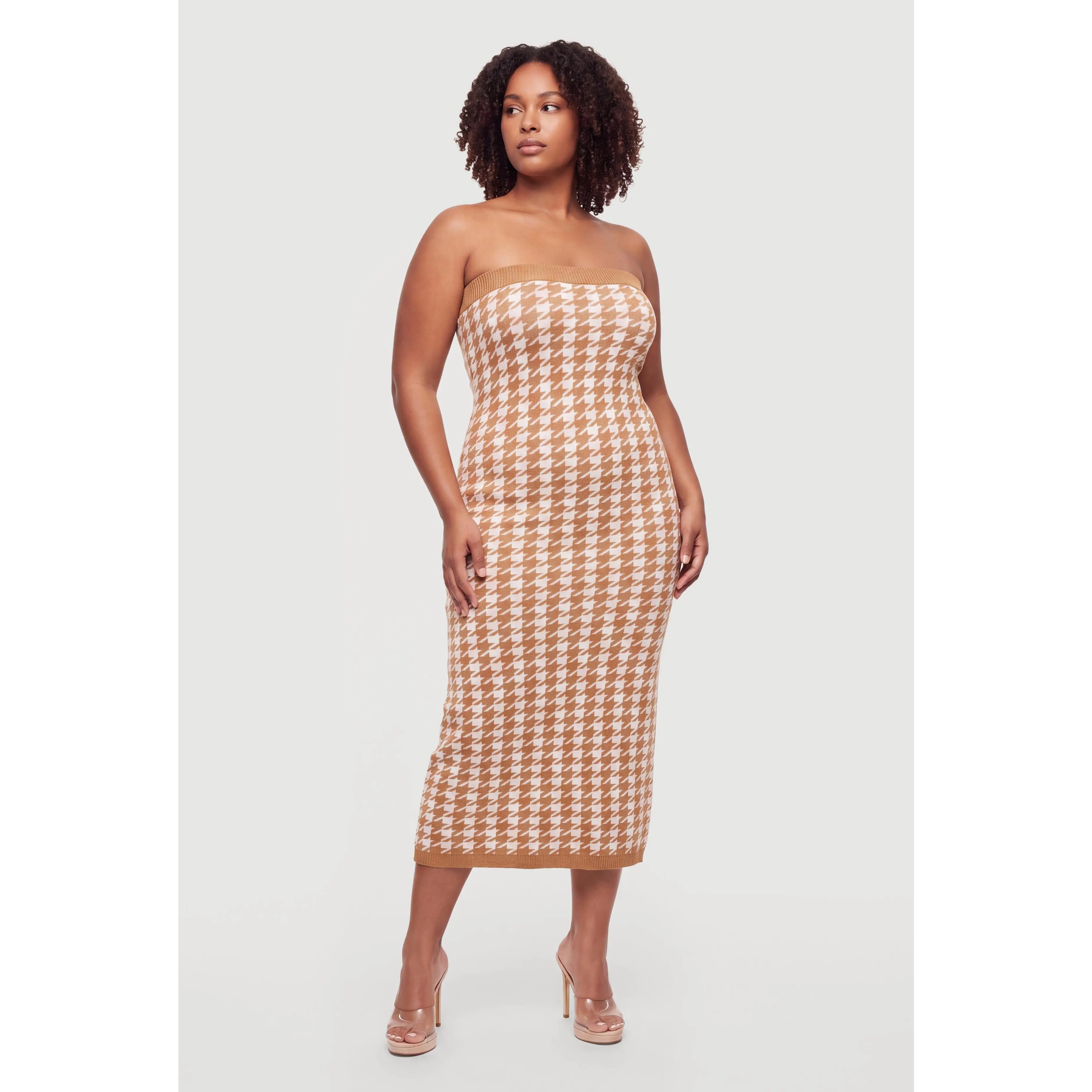 Plus Size Houndstooth Plaid Midi Tube Sweater Dress