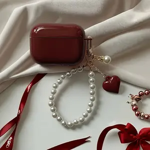 Wine Red Pearl Heart Pendant Case for AirPods Wireless Earbuds - Scratch-Resistant and Shockproof Protective Cover