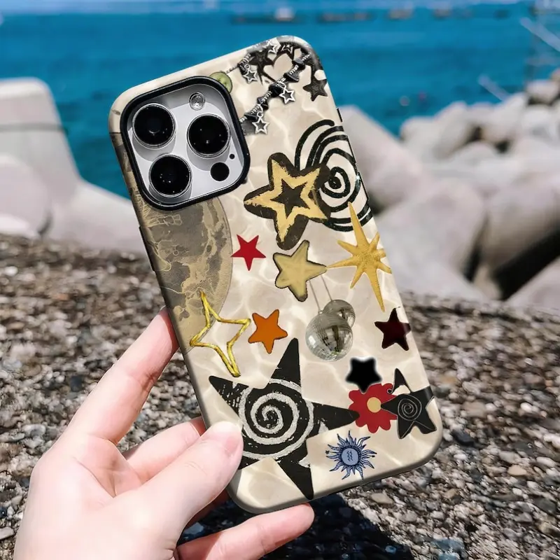 Retro Stars Y2k Collage Smartphone Case - Funky Twinkle Night Whimsy Artistic Cellphone Accessory, Handheld Shell Compatible with iPhone 11/12/13/14/15/16/17 Pro, ProMax, Plus, Air