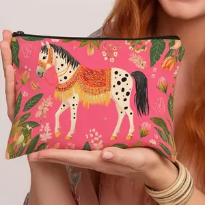 1pc Folk Art  Print Cosmetic Bag -  Decorative Horse on Pink Background Boho Style  Lightweight Travel Makeup Organizer, Portable Toiletry Pouch with Zipper Closure, Stylish and Functional Storage Solution, Perfect Gift for Women and Girls