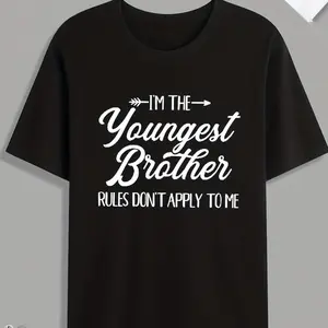 "I'm The Youngest Brother Rules Don't Apply To Me" Funny Sibling Graphic Cotton T-Shirt, Valentine's Day Gift for Him, Oversized Comfort Fashion Humor Tee