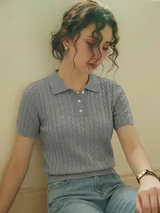 Elegant Women's Spring Summer Fashion Casual Home Leisure French Style Fitted Twisted Texture Button Half Open Knit Knitwear Short Sleeve Sweater Tee Top Womenswear