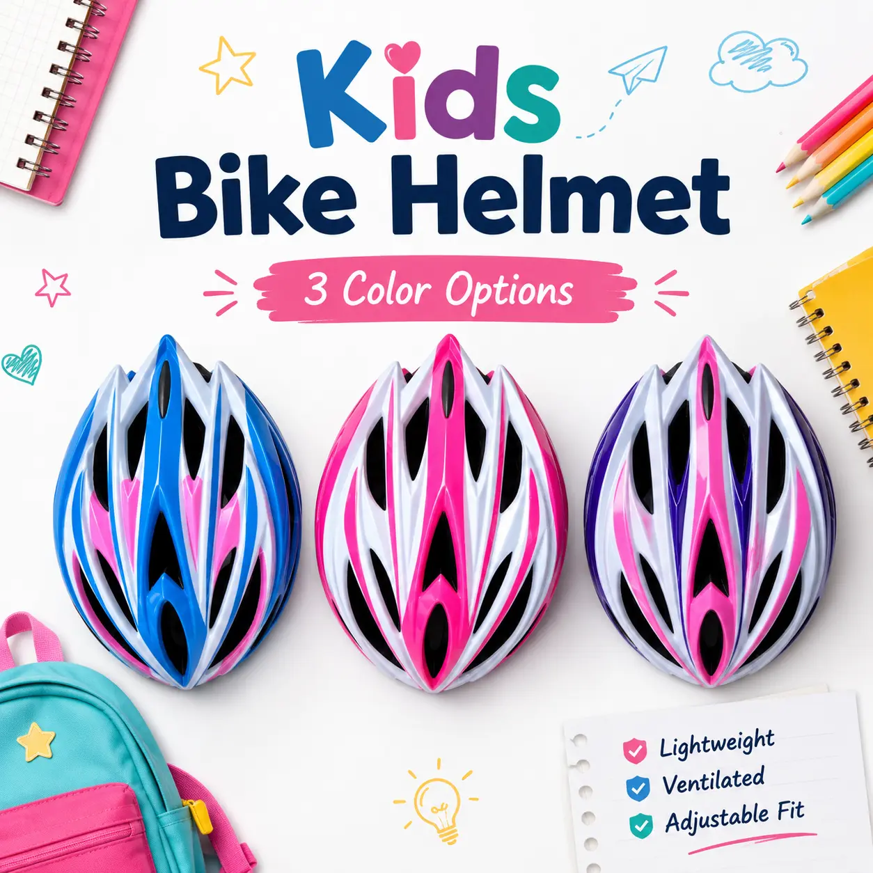 Kids Bike Helmet Ages 5-10, 21 Vents Lightweight EPS+PC Helmet, Adjustable 19.7-22.4 in Fit, 3 Color Options