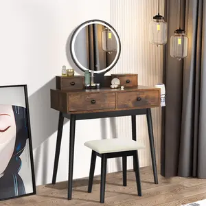 4 Drawers Vanity Table Set Makeup Dressing Table Desk with LED Mirror and Stool