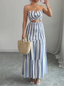 Women's Striped Print Shirred Dress, Boho Cut Out  Dress for Beach Holiday Vacation, Ladies Summer Clothes