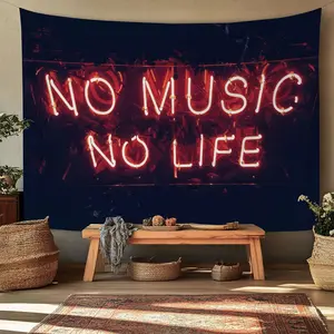 1pc  Wall Hanging Neon Sign No Music No Life Tapestry Art Decoration Home Living Room Bedroom Aesthetic Large Size Vintage Style Cool Modern Quotes Stylish Black Red Design Tapestry