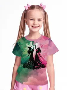 Magical Twin Sisters Pink and Green Digital Print Summer Fashion Girls' Clothing, 100% Polyester Designed for Energetic Kids, Cute Girls' Short-Sleeve T-Shirts, Summer Casual Children's Clothing, Outdoor Sports T-Shirts