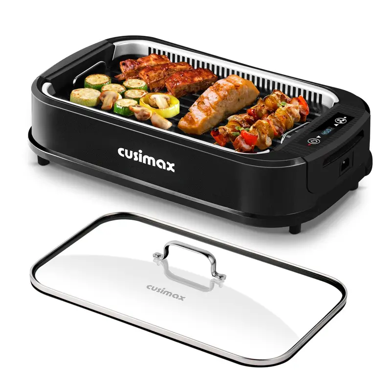 CUSIMAX Smokeless Indoor Grill Portable Electric Grill with Turbo Smoke Extractor Technology Nonstick Removable Grill Pan Glass Lid 1500 Watts for Homes and Party electric grill mini Household Appliances