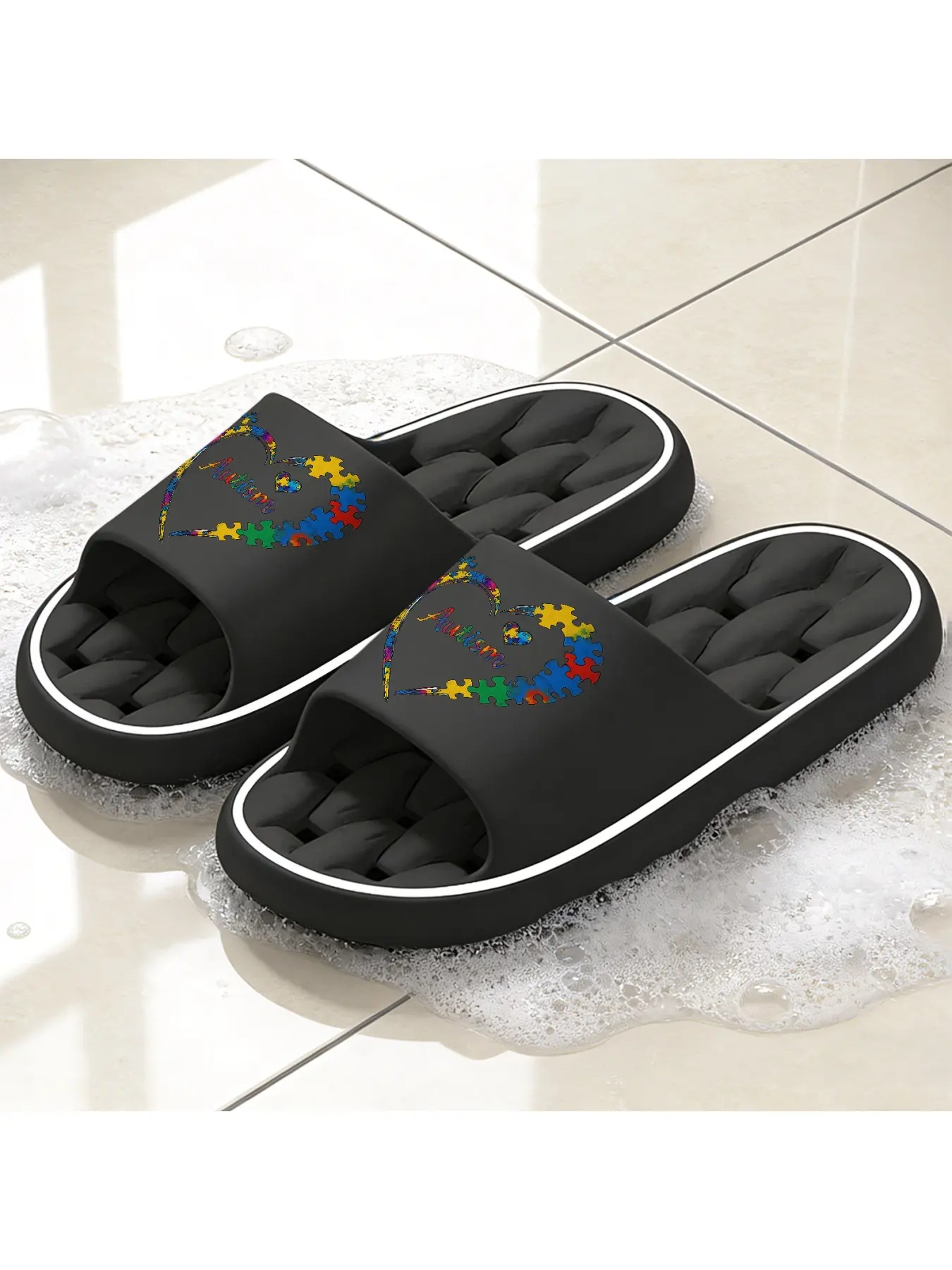 Autism Awareness Puzzle Piece Heart Hollow Out Slippers, Colorful Neurodiversity Themed Slip-on Shoes, Lightweight Soft Sole Indoor Outdoor Slides for Men Women Kids, Comfortable Casual Footwear for