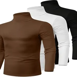 3 Pack Men'S Slim Fit Turtleneck Shirts - Elegant Mock Neck Long Sleeve Sweaters, Solid Color Round Pullover Tops for Fall, Black/White/Brown | Versatile Casual & Formal Wear, Durable Comfortable Layering Essentials, T Shirt For Men,